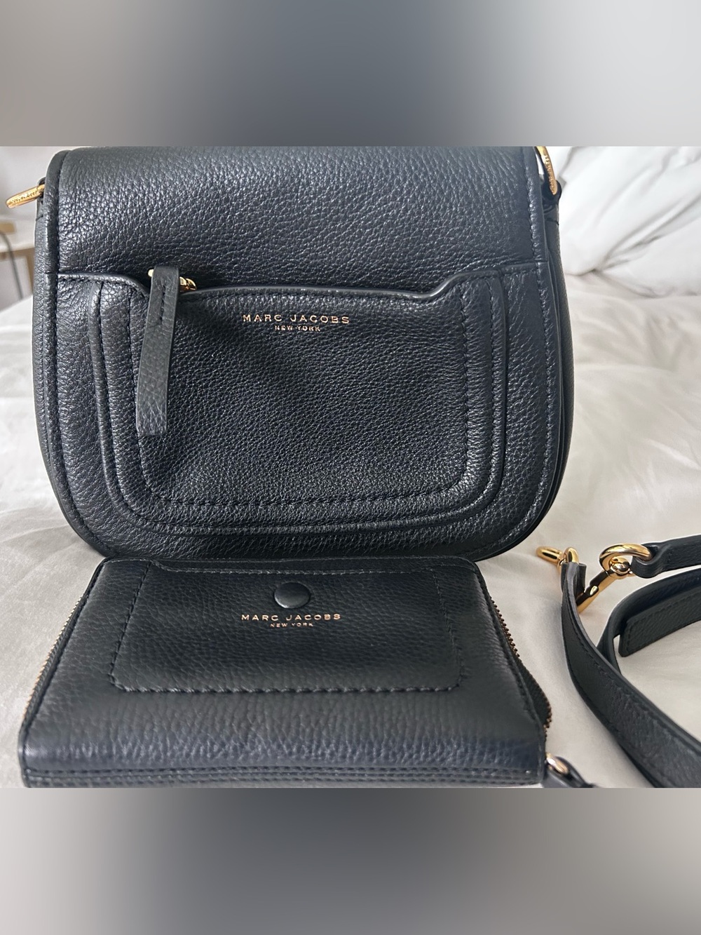Marc Jacobs Black Pebbled Crossbody Shoulder Bag and matching wrist wallet